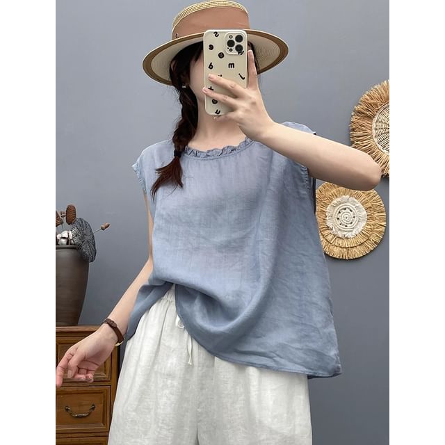 Plain Frilled Crew-Neck Cap-Sleeved Top