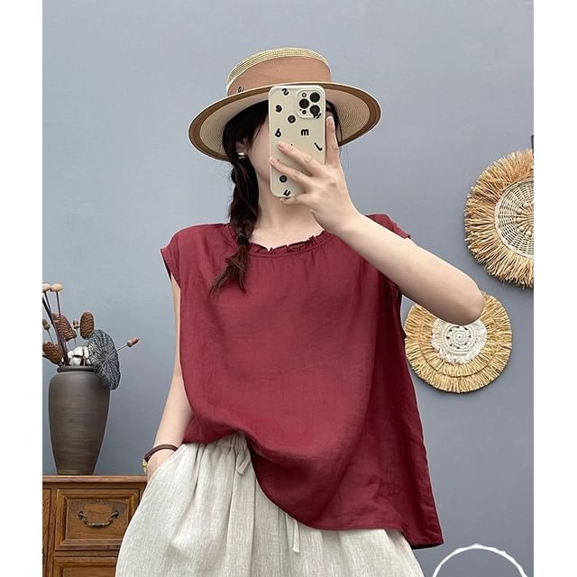 Plain Frilled Crew-Neck Cap-Sleeved Top