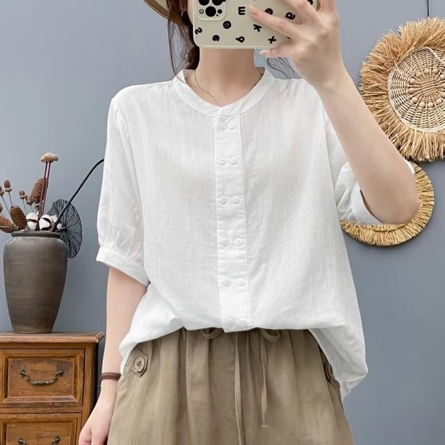 Plain Double-Breasted Round-Neck Elbow-Sleeved Blouse