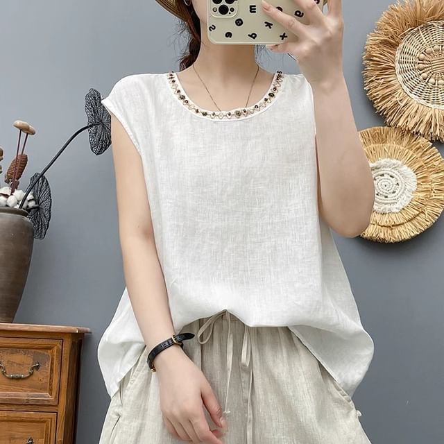 Beaded Round-Neck Cap-Sleeved Top