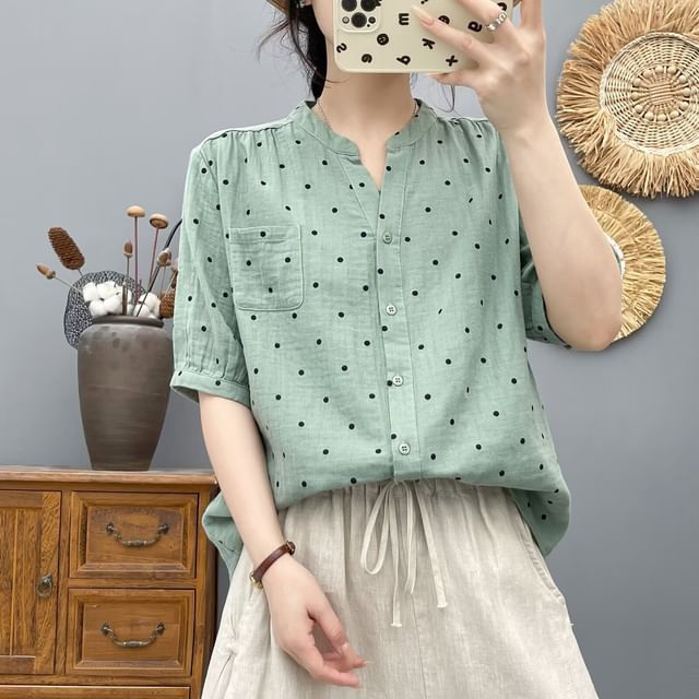 Dotted V-Neck Elbow-Sleeved Blouse