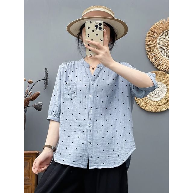 Dotted V-Neck Elbow-Sleeved Blouse