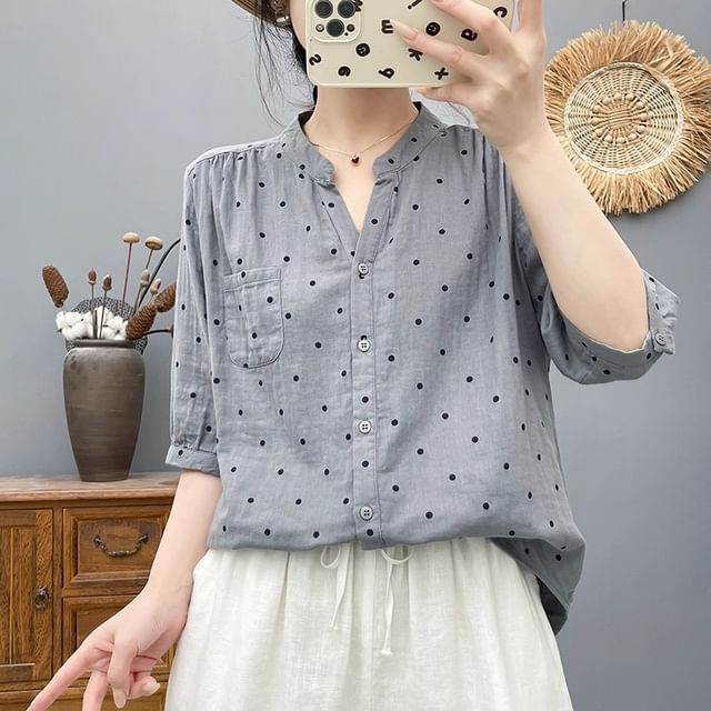Dotted V-Neck Elbow-Sleeved Blouse