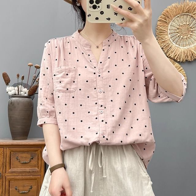 Dotted V-Neck Elbow-Sleeved Blouse