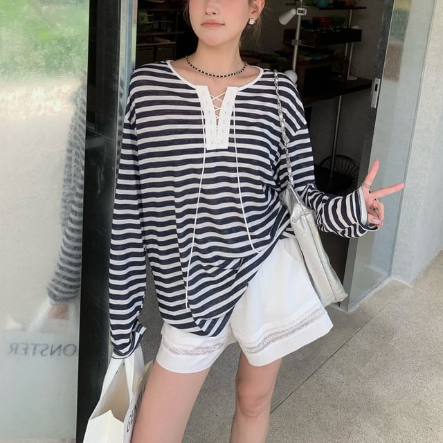 Striped Lace-Up Long-Sleeved Tee