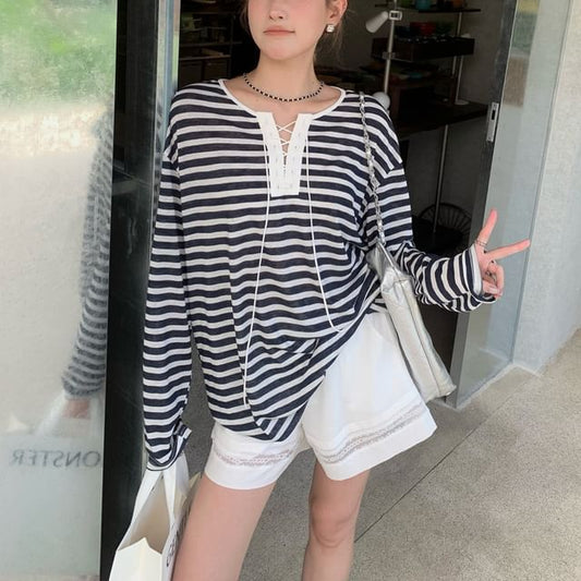Striped Lace-Up Long-Sleeved Tee