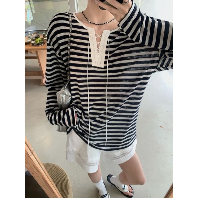 Striped Lace-Up Long-Sleeved Tee