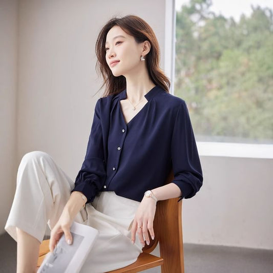 Plain V-Neck Long-Sleeved Blouse