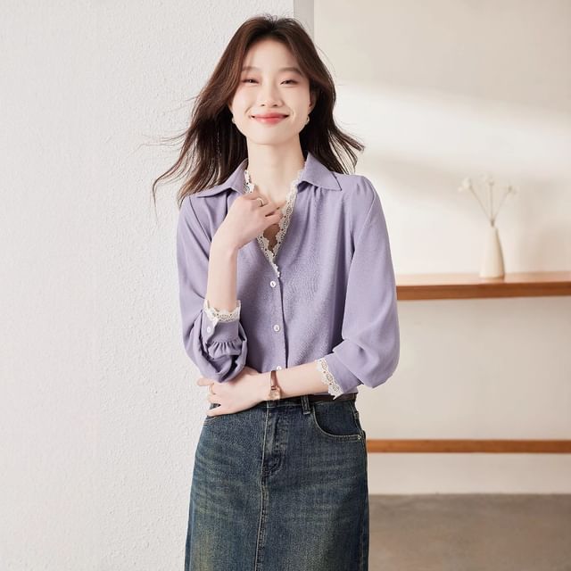 Collared V-Neck Lace-Trimmed Long-Sleeved Shirt