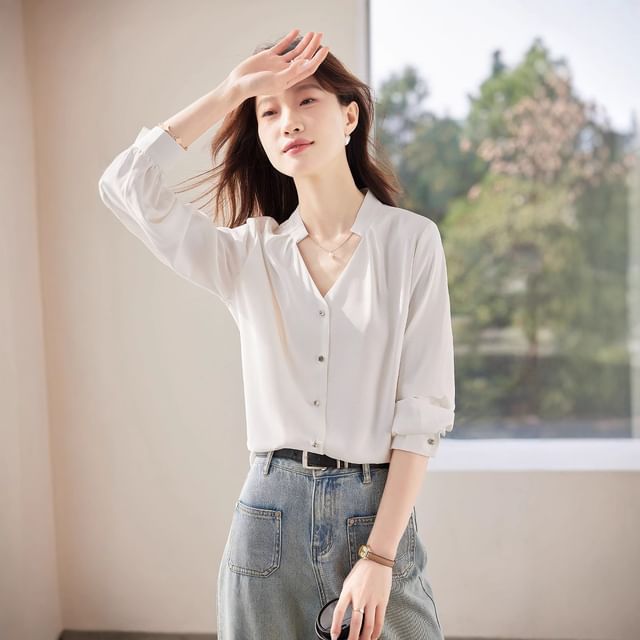 Plain V-Neck Long-Sleeved Blouse