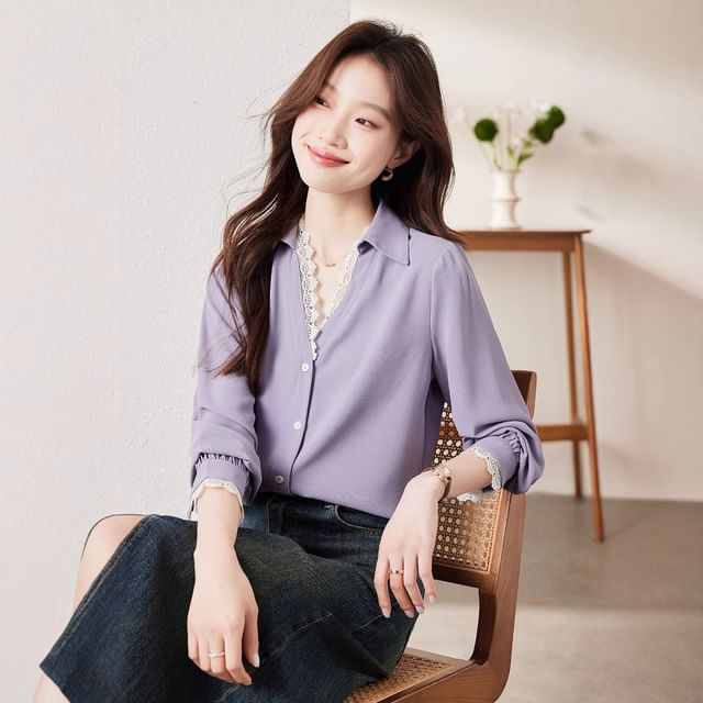 Collared V-Neck Lace-Trimmed Long-Sleeved Shirt