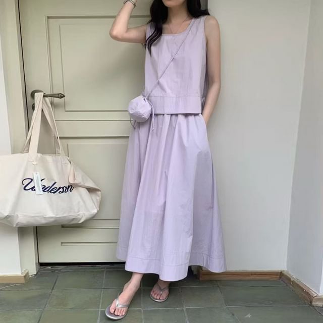 Plain Crew-Neck Sleeveless Top, Crossbody Bag & High-Rise Maxi A-Line Skirt Set