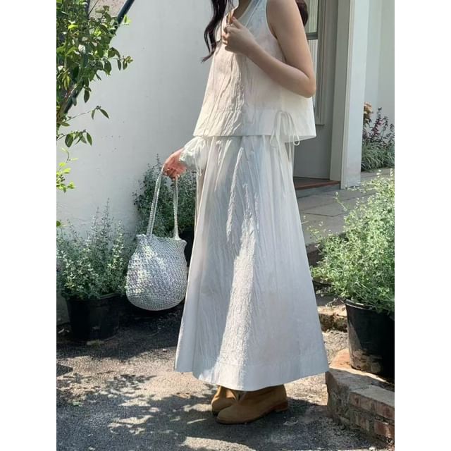 Plain Crew-Neck Sleeveless Top, Crossbody Bag & High-Rise Maxi A-Line Skirt Set