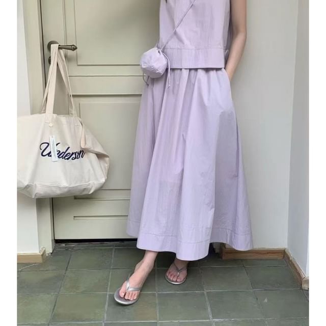 Plain Crew-Neck Sleeveless Top, Crossbody Bag & High-Rise Maxi A-Line Skirt Set