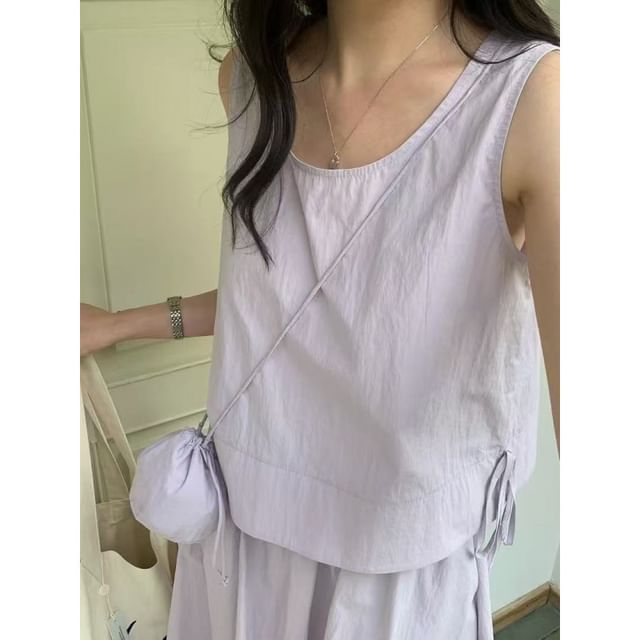 Plain Crew-Neck Sleeveless Top, Crossbody Bag & High-Rise Maxi A-Line Skirt Set