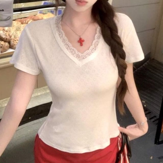Short Sleeve V-Neck Lace Trim T-Shirt