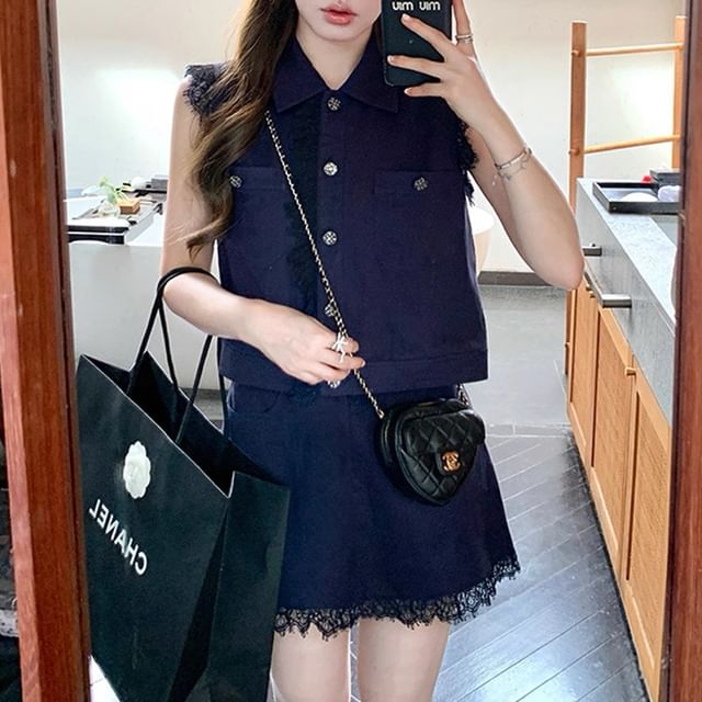 Sleeveless Lace Shirt & Mini Skirt Set