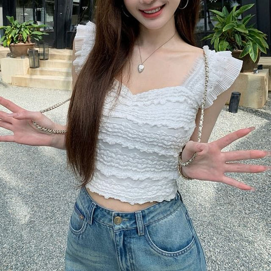 Smocked Ruffled Lace Crop Camisole Top