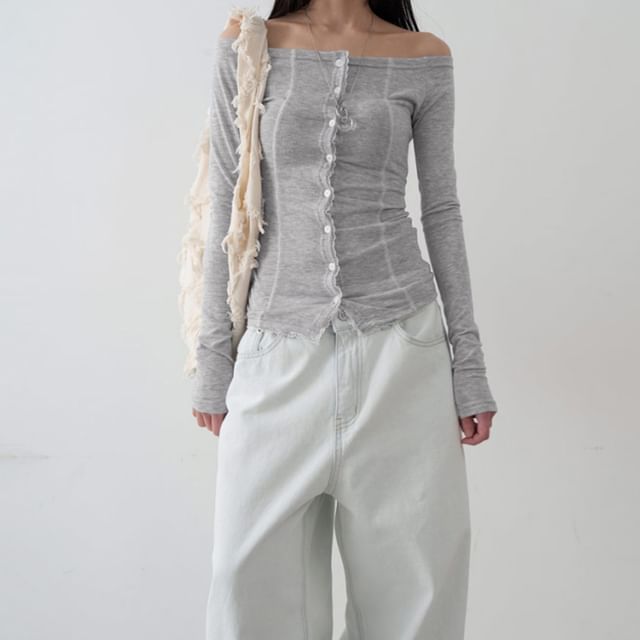 Long Sleeve Off Shoulder Lace Trim Button Up Top