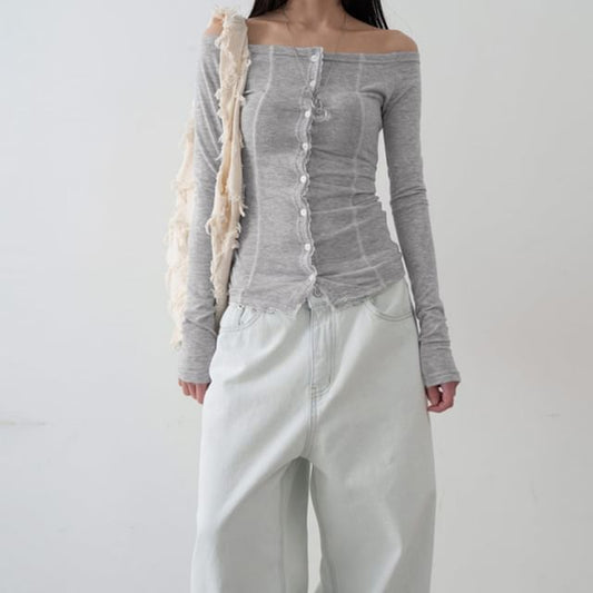 Long Sleeve Off Shoulder Lace Trim Button Up Top