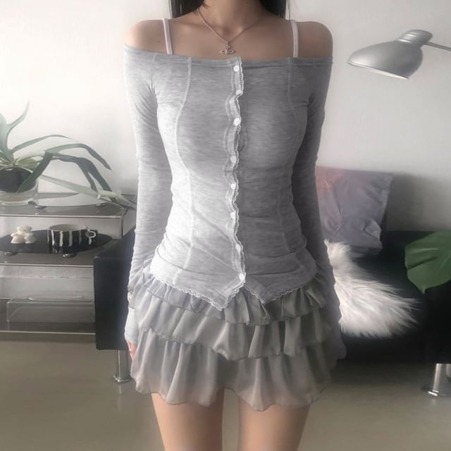 Long Sleeve Off Shoulder Lace Trim Button Up Top