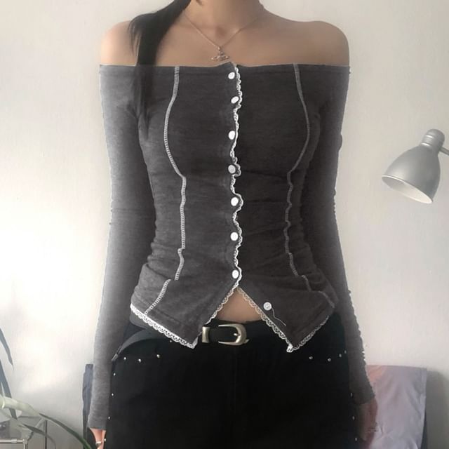 Long Sleeve Off Shoulder Lace Trim Button Up Top