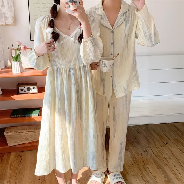 Couple Matching Long-Sleeve Tie Dye Pajama Top / Pants / Dress / Set