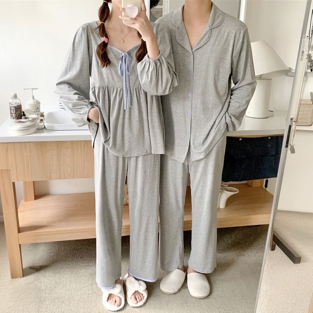 Couple Matching Pajama Set: Long-Sleeve V-Neck Top + Pants