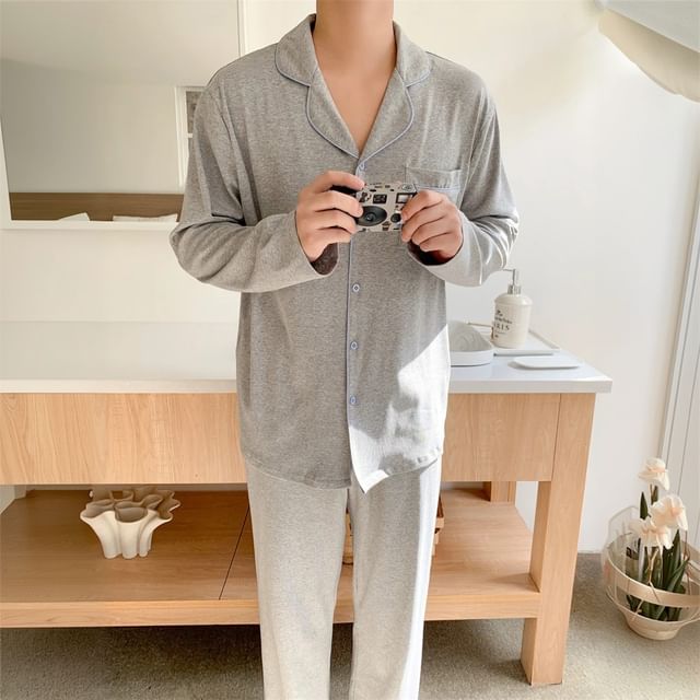 Couple Matching Pajama Set: Long-Sleeve V-Neck Top + Pants