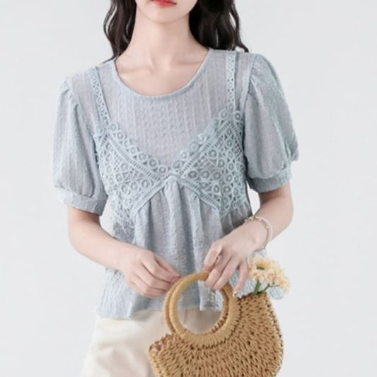Elbow-Sleeve Lace Panel Crop Blouse