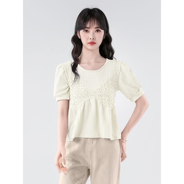 Elbow-Sleeve Lace Panel Crop Blouse