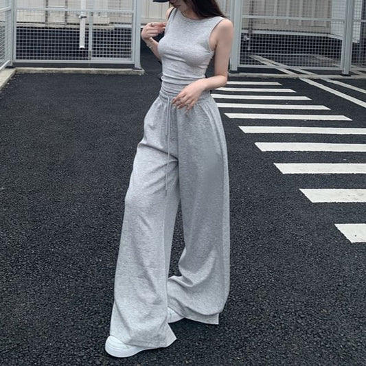 Open-Back Round-Neck Crop Tank & Baggy Drawstring Pants Set