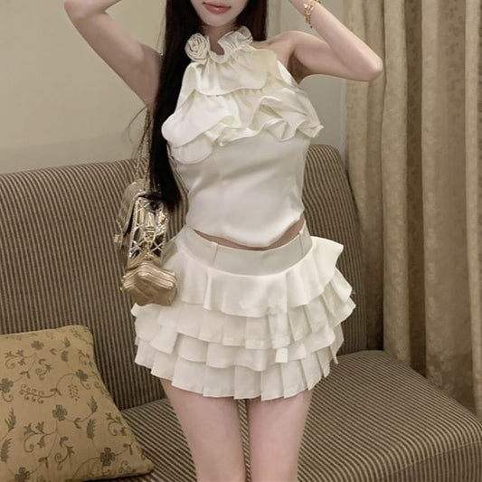 Ruffle Crop Top and Pleated Skort Set