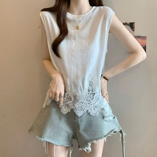 Crew Neck Lace Trim Sleeveless Top