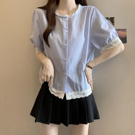Short-Sleeve Lace Button Blouse