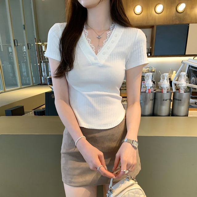 V-Neck Lace Ribbed Knit Short Sleeve