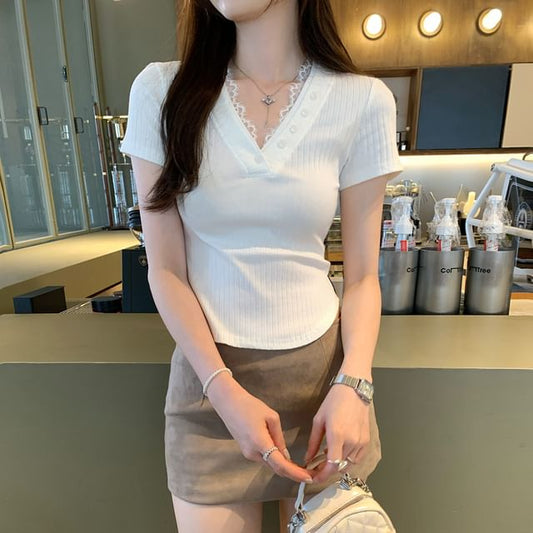 V-Neck Lace Ribbed Knit Short Sleeve