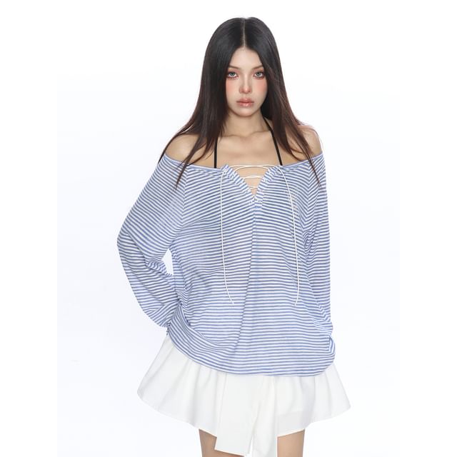 Off-Shoulder Striped Rhinestone Lace Tee