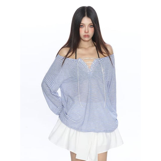 Off-Shoulder Striped Rhinestone Lace Tee