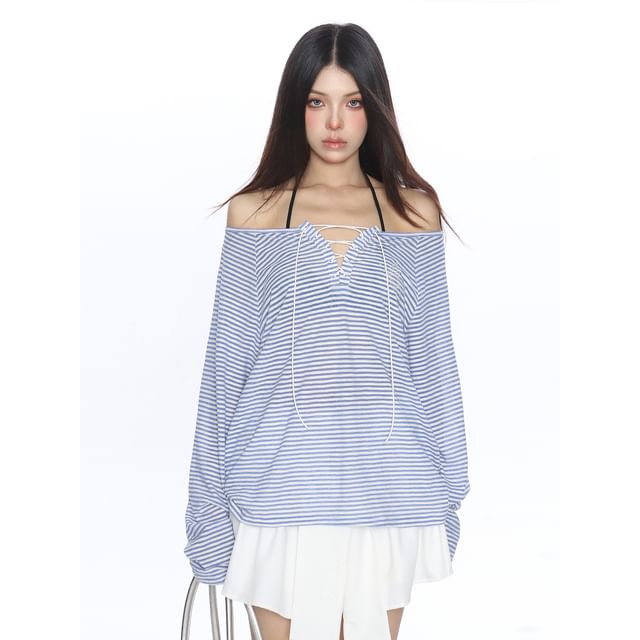Off-Shoulder Striped Rhinestone Lace Tee
