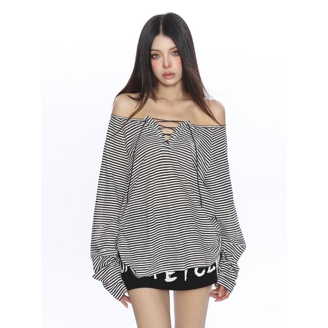 Off-Shoulder Striped Rhinestone Lace Tee