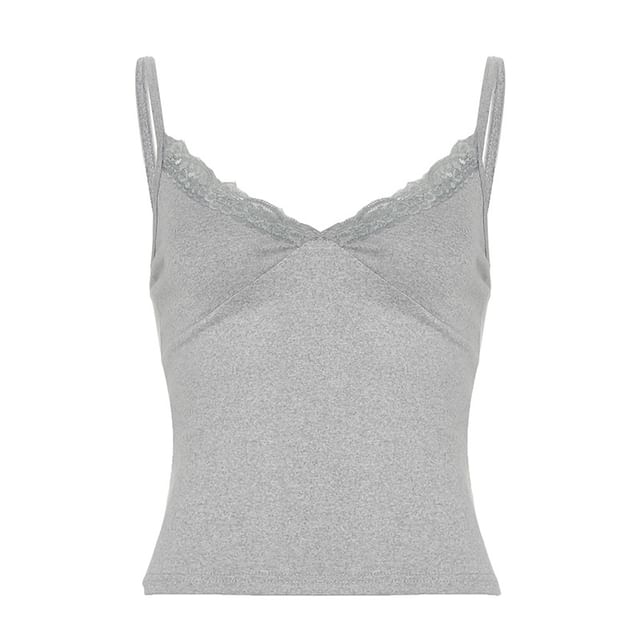 Halter V-Neck Lace-Trim Slim Fit Crop Camisole Top