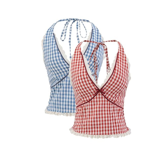 Halter Plaid Lace Trim Top