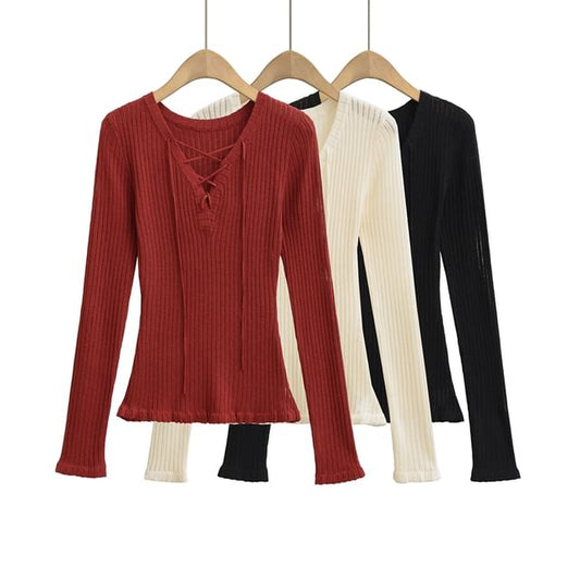 V-Neck Lace Up Ribbed Knit Long Sleeve