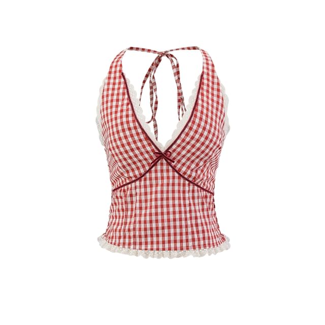 Halter Plaid Lace Trim Top
