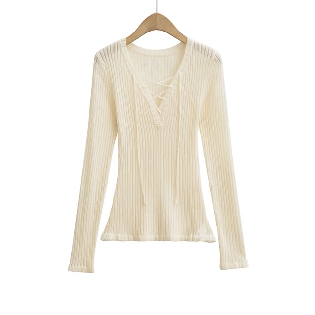 V-Neck Lace Up Ribbed Knit Long Sleeve