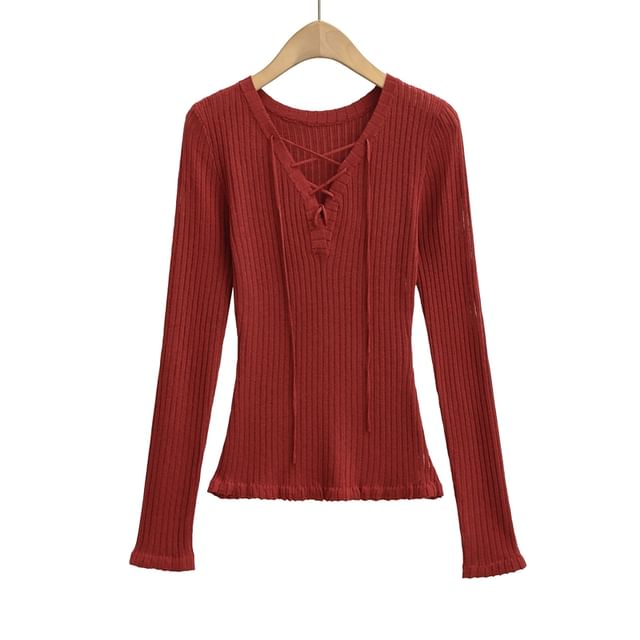 V-Neck Lace Up Ribbed Knit Long Sleeve