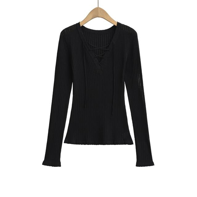 V-Neck Lace Up Ribbed Knit Long Sleeve