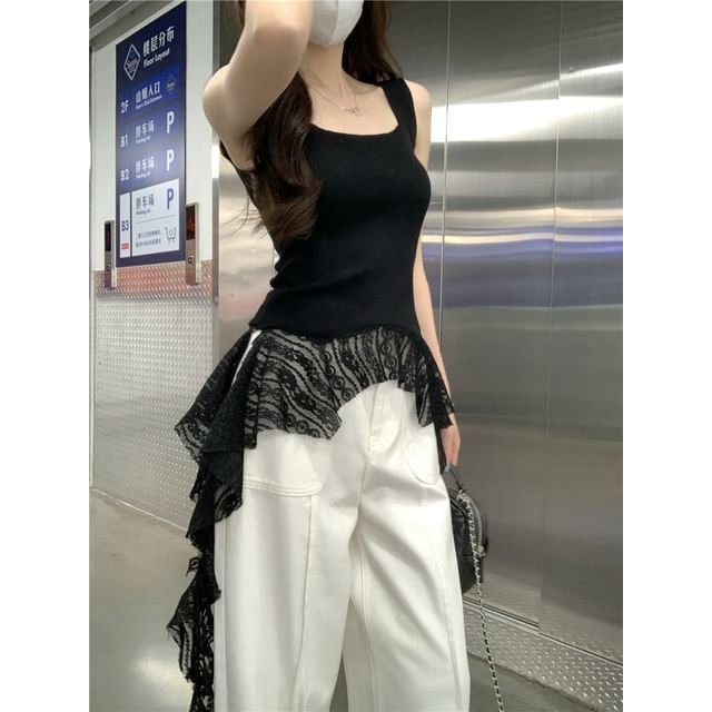 Square Neck Asymmetrical Lace Tank