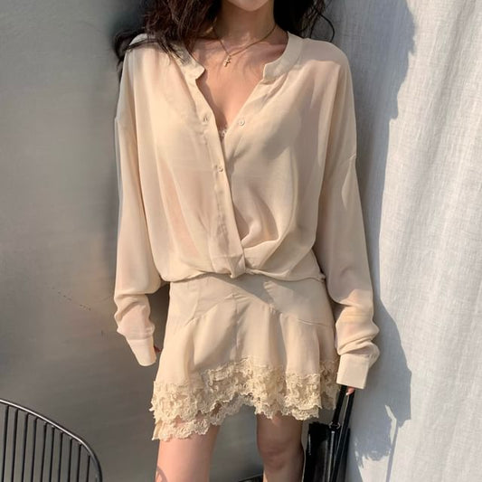 Long Sleeve V-Neck Blouse, High Waist Lace Skirt, and Bra Top Set